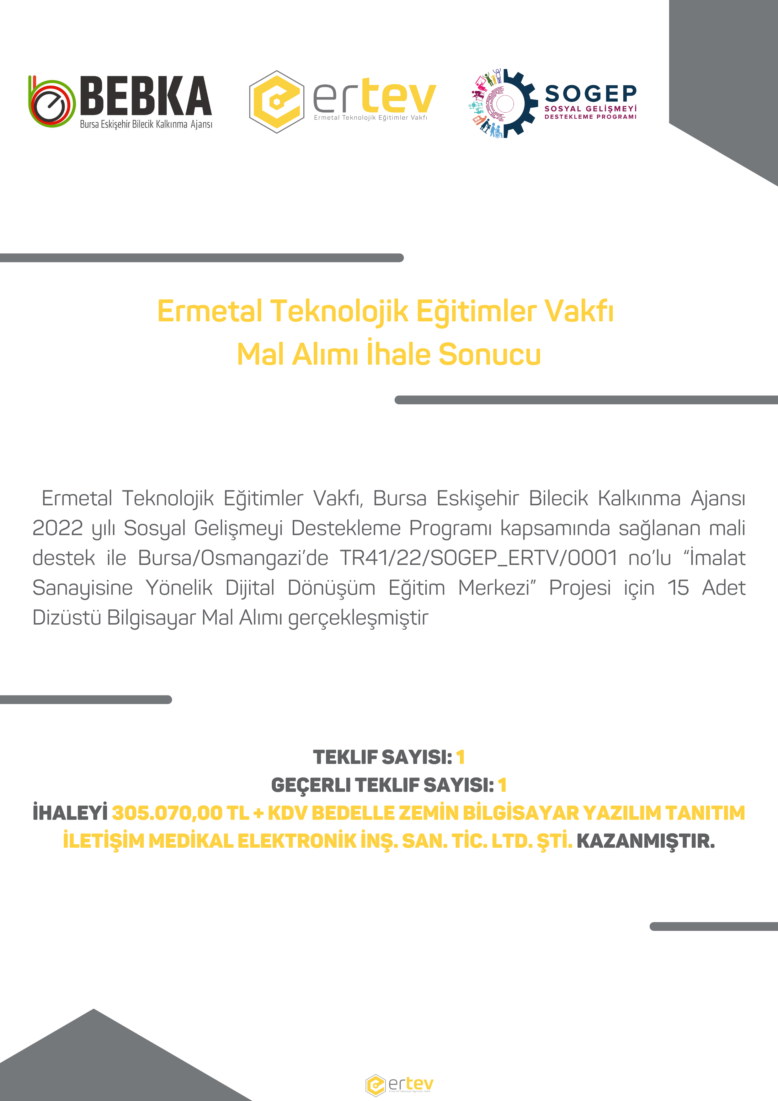 Ermetal Teknolojik Eğitimler Vakfı Mal Alımı İhale Sonucu Açıklandı