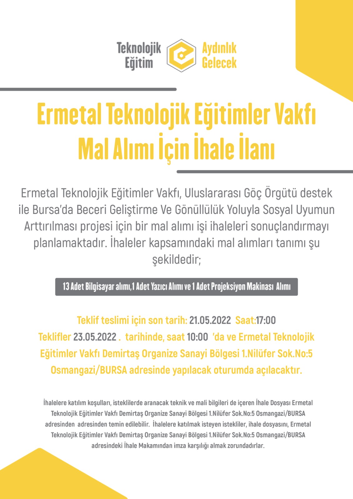 Ermetal Teknolojik Eğitimler Vakfı Mal Alımı İçin İhale İlanı!